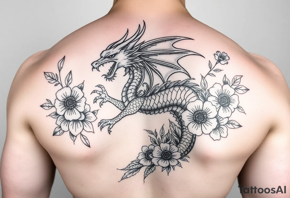 femanine dragon surrounded by floral tattoo idea