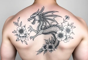 femanine dragon surrounded by floral tattoo idea