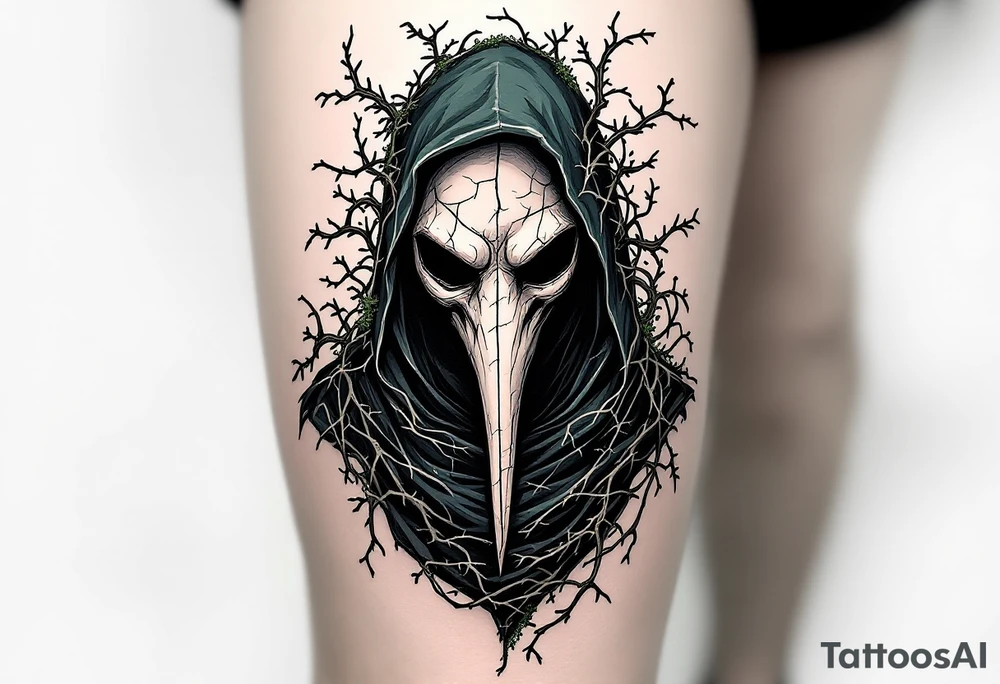 Plague Doctor with Thorned Vines – A mysterious plague doctor with tipical long nose mask cloaked in dark green and black, with thorny vines creeping over the robe and mask, symbolizing death and rebirth. The mask is cracked, with moss growing in its crevices. tattoo idea