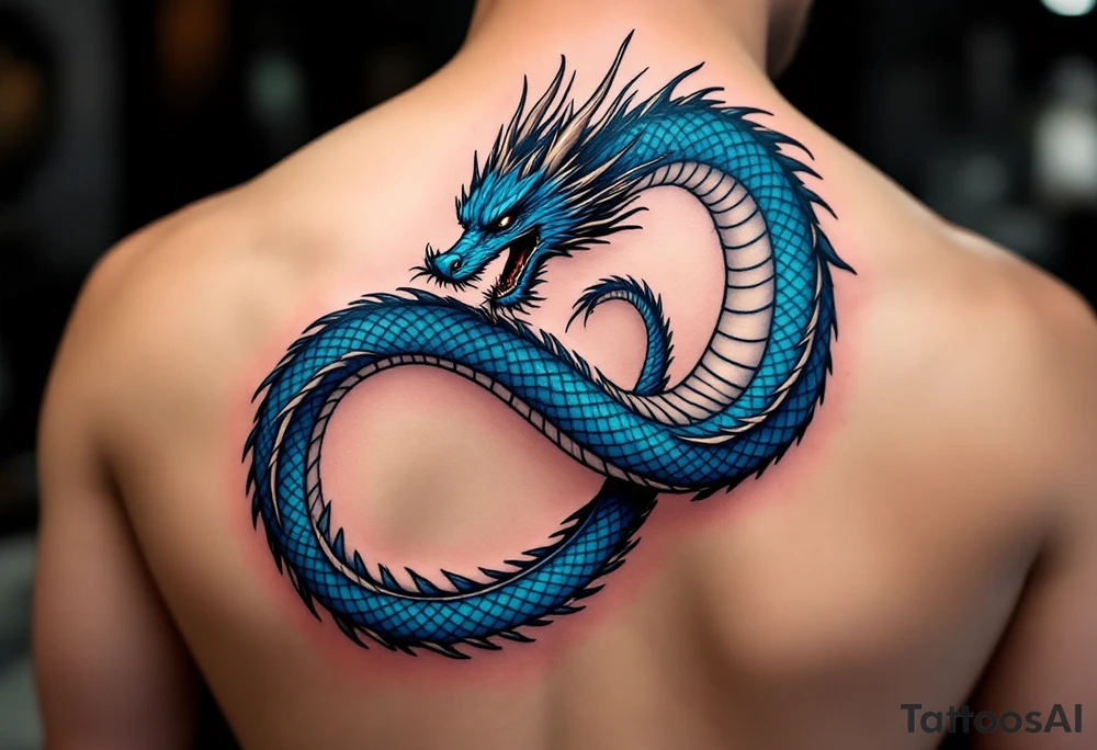 The design features a dragon, coiled in the shape of the infinity symbol (sideways number "8"). The dragon is depicted eating its own tail, symbolizing eternity and continuity, inspired by the Ouroboros.

Details:

The dragon's body has vibrant, glossy blue scales, with a smooth and polished texture.
It maintains a clean, balanced shape in the infinity figure, with sharp details and elegant flow.
Style:

The focus remains on the dragon's form, with no additional background elements to keep the design minimal and modern. tattoo idea