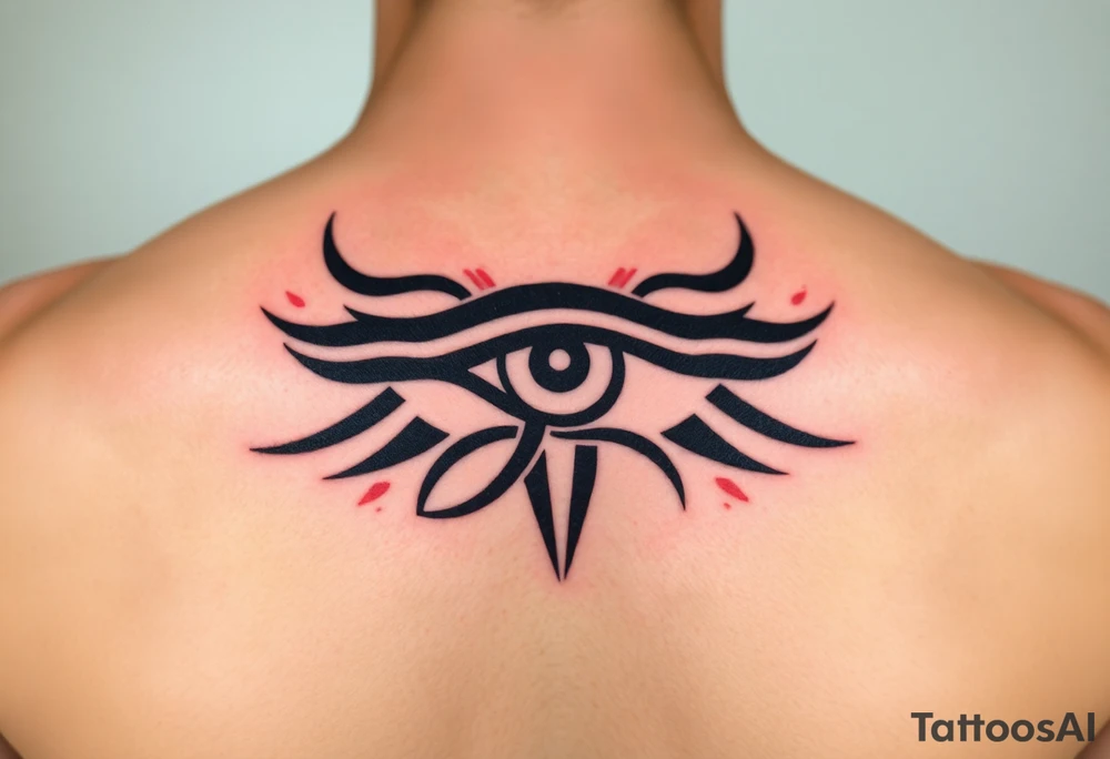 A tribal-style Eye of Horus, with bold black ink and subtle red highlights, inspired by ancient warrior markings tattoo idea