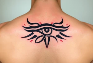 A tribal-style Eye of Horus, with bold black ink and subtle red highlights, inspired by ancient warrior markings tattoo idea