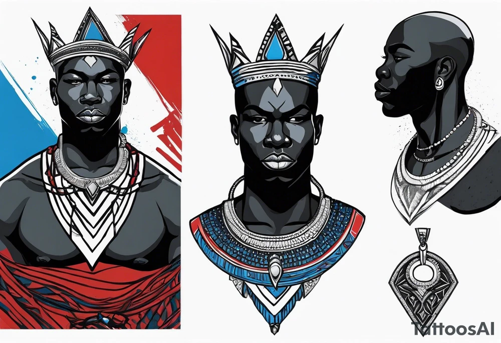 Black-skinned bald african warrior. He wears a simple and small silver crown. He uses two simple necklaces: one blue, other red. tattoo idea