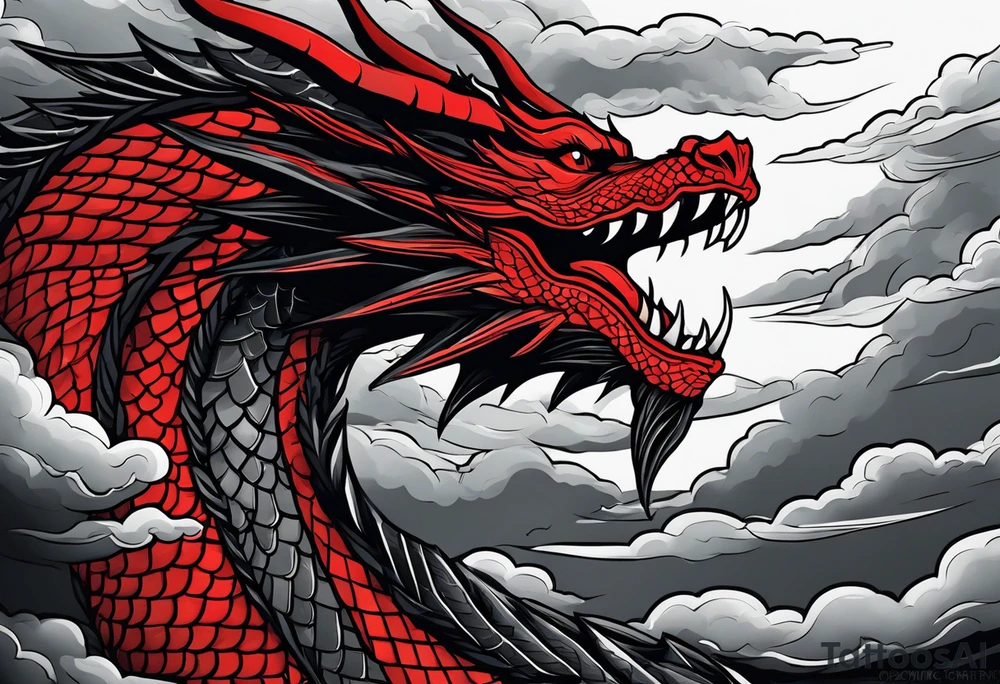 A red dragon emerging from the gray and black layered clouds in a sky where lightning flashes tattoo idea