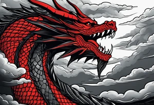 A red dragon emerging from the gray and black layered clouds in a sky where lightning flashes tattoo idea