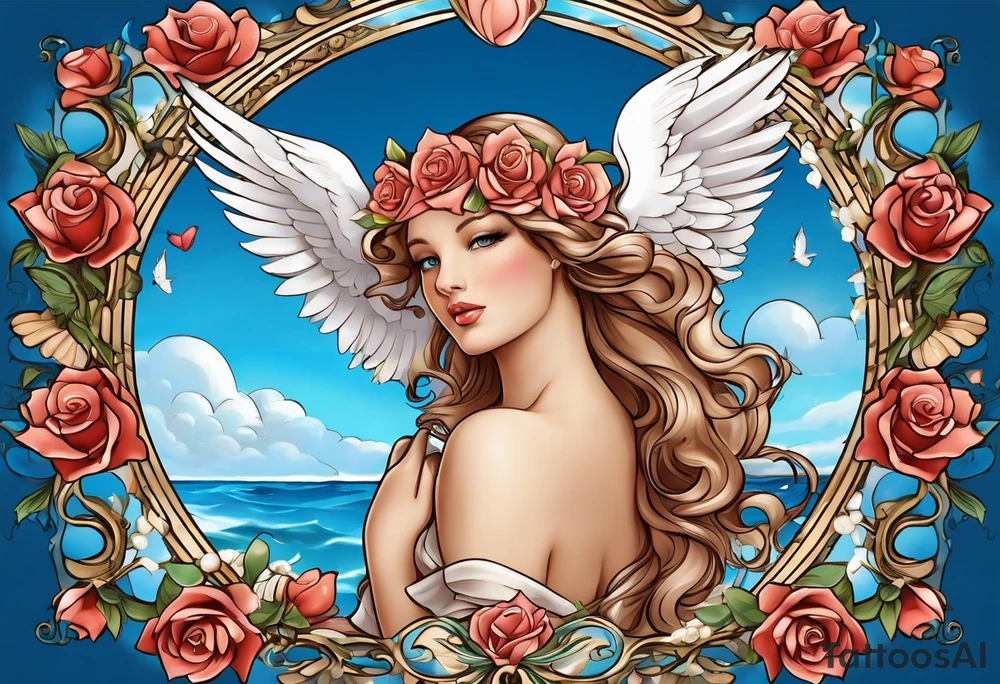 Portrait of Aphrodite: A face or full-length image of the goddess, often in a realistic style, perhaps decorated with flowers, seashells, or doves.rose, doves, shells and a mirror in his hand. background sea, blue roses frames,, romantic,A boy with wings and a bow, cupido tattoo idea