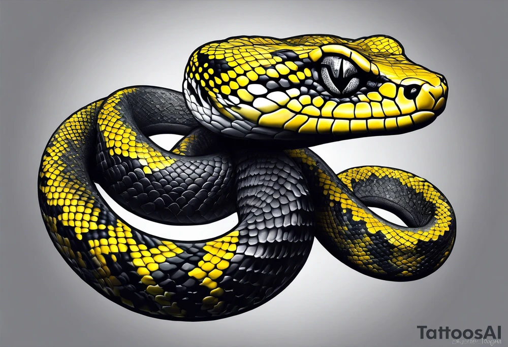 Black and grey realistic yellow blotched pit viper snake with rainforest background on forearm. I want the snake to look aggressive with mouth open showing fangs tattoo idea
