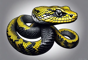 Black and grey realistic yellow blotched pit viper snake with rainforest background on forearm. I want the snake to look aggressive with mouth open showing fangs tattoo idea