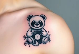 minimalist teddy bear with vinyl records as eyes smiling and sitting on a record tattoo idea