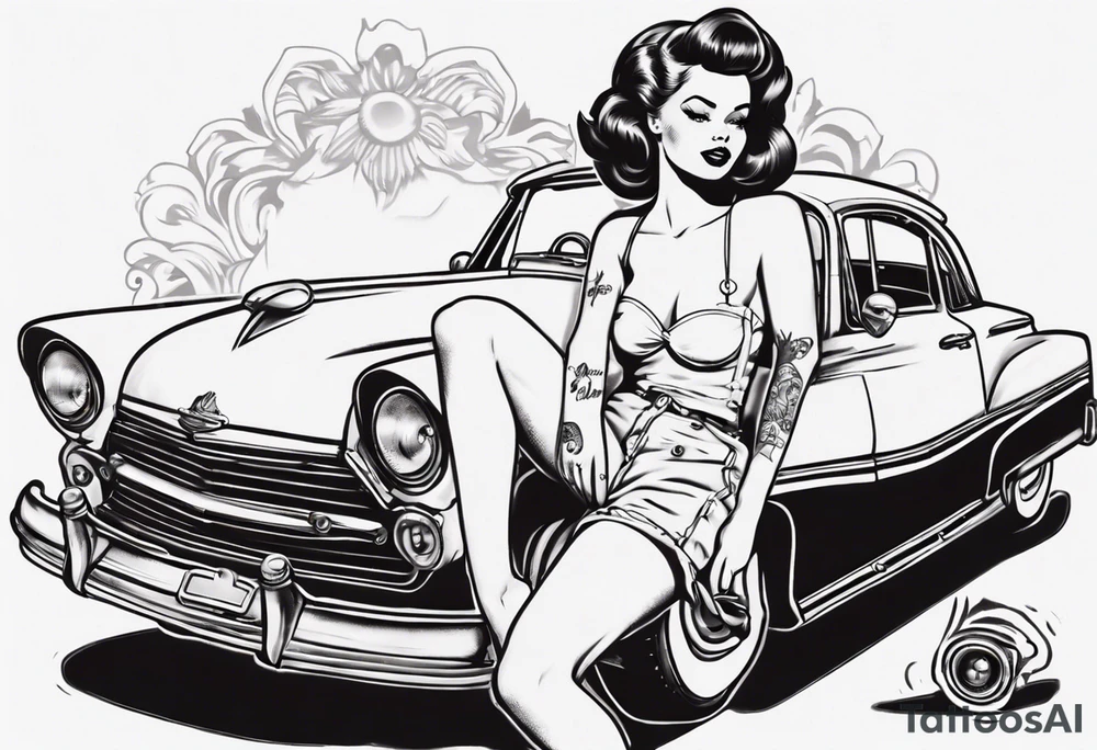 pinup doll on the hood of an old vintage car tattoo idea
