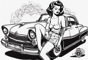 pinup doll on the hood of an old vintage car tattoo idea
