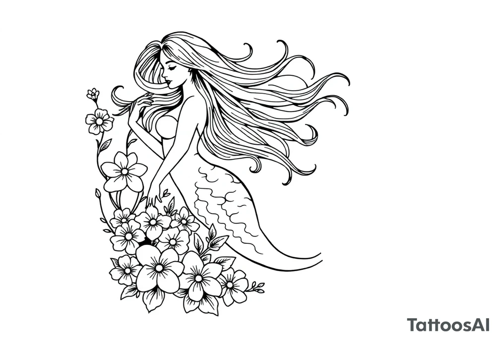 ethereal mermaid with flowing hair among coral and sea flowers weird tattoo idea