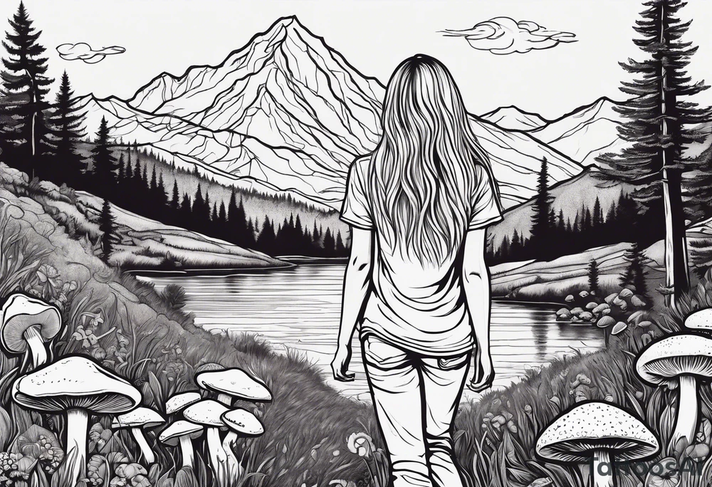 Straight long blonde hair hippie girl in distance holding mushrooms in hand facing away toward mountains and creek surrounded by mushrooms tee shirt and hiking pants tattoo idea