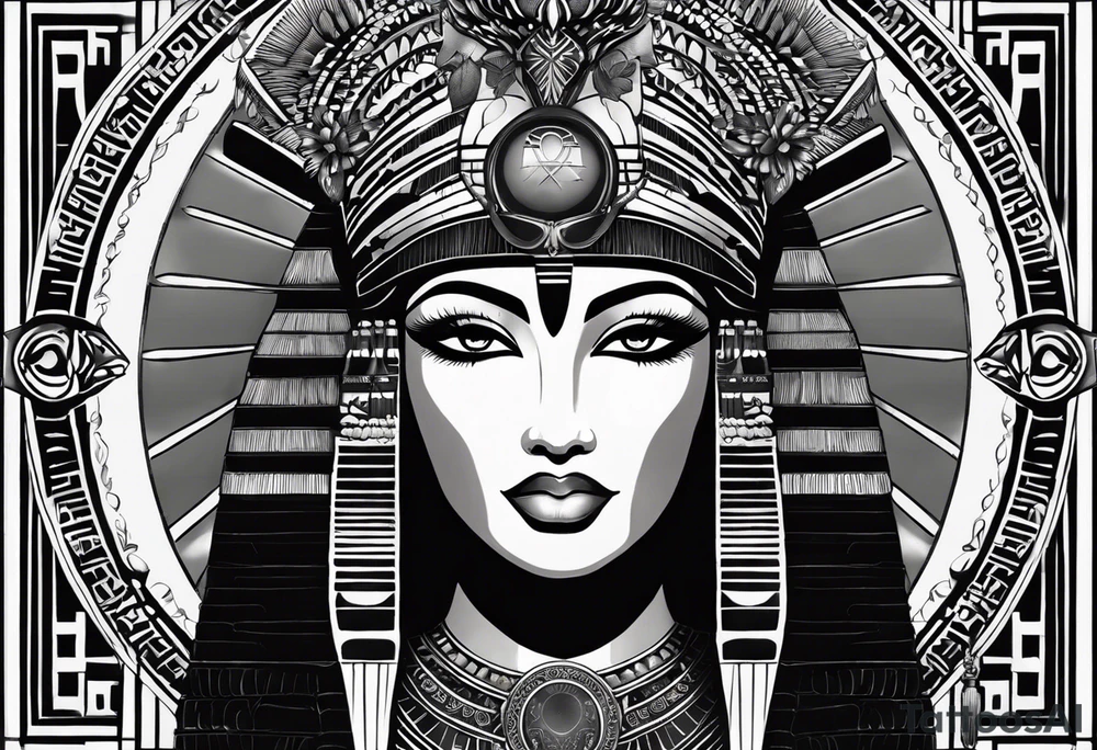 black and white Egyptian goddess Isis, who is often depicted as a woman with outstretched wings, holding an ankh (a symbol of life) in one hand and a lotus flower in the other. Her headdress often includes a throne or a solar disk. The tattoo design can vary in style and size, but it typically aims to capture the essence of this revered Egyptian deity, emphasizing her beauty, power, and maternal qualities. The choice of colors and additional elements can also be customized to create a unique and visually striking representation of the goddess Isis tattoo idea
