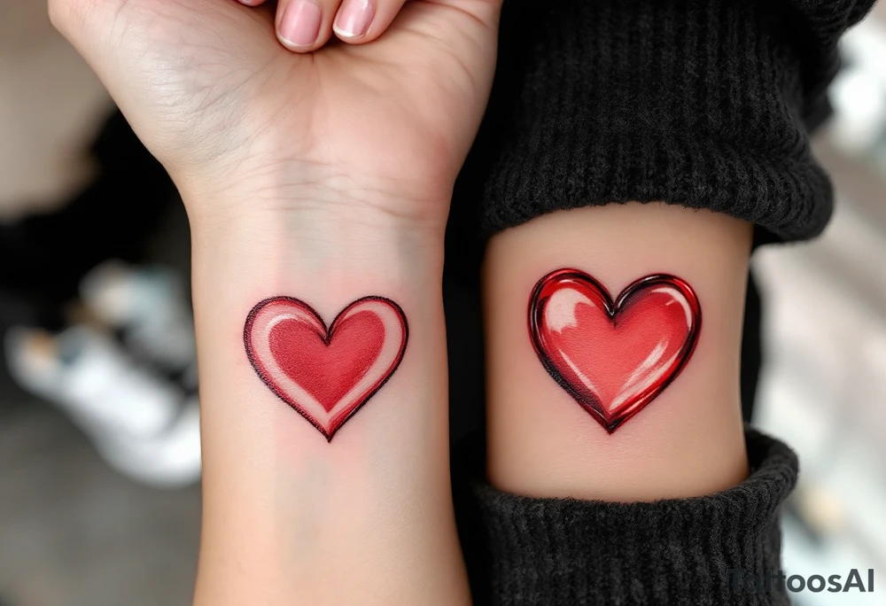 A red candy-heart design on each partner wrist tattoo idea