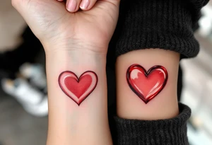 A red candy-heart design on each partner wrist tattoo idea