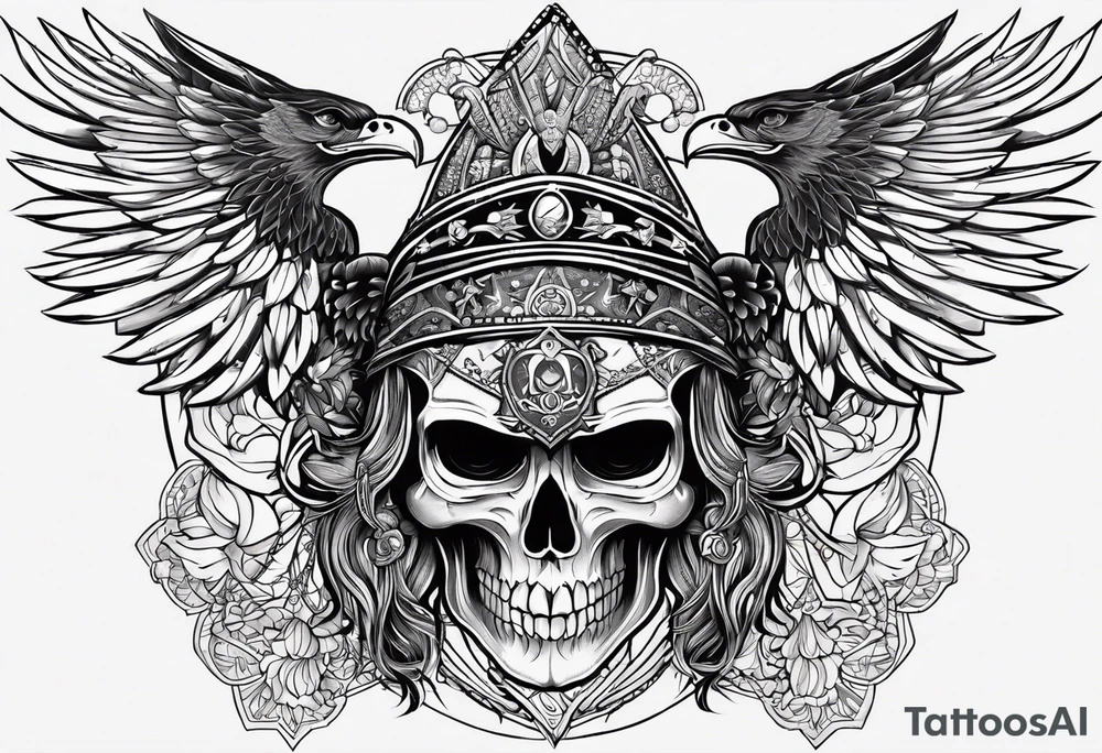 black kali, goddess pirate, alien, pachamama, valkrye, warrior, skull, lotus azul, wing, eagle, zenza resonance, stars, 5D tattoo idea