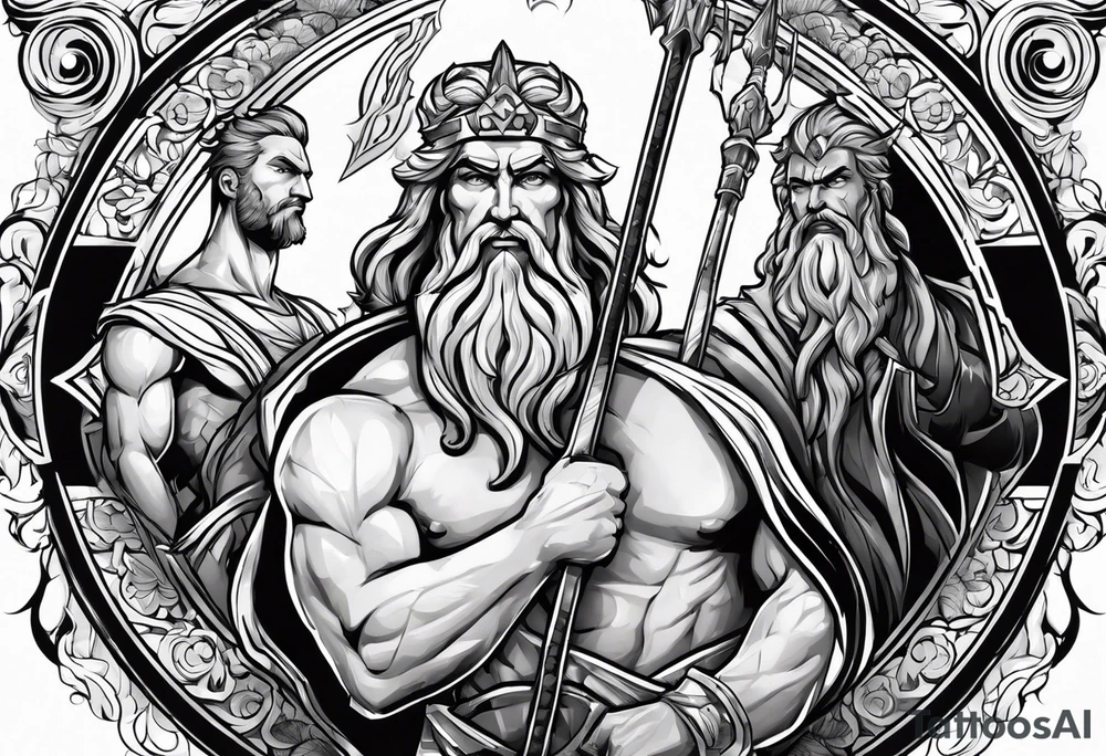 Zeus with bolt, posiden with trident and hades with his weapon in one design for arm tattoo idea