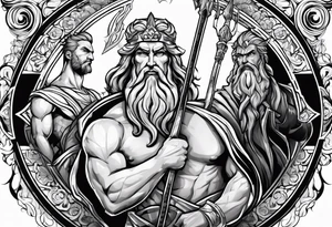Zeus with bolt, posiden with trident and hades with his weapon in one design for arm tattoo idea