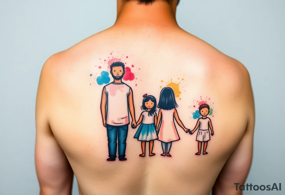 Family 2 parents 2 kids with colour around the caracters and empty caracters tattoo idea