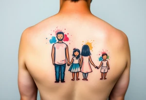 Family 2 parents 2 kids with colour around the caracters and empty caracters tattoo idea