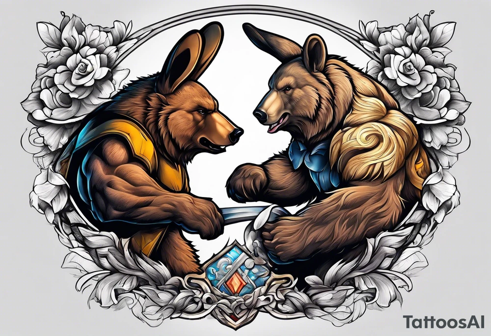 Muscular bear and strong rabbit fighting tattoo idea
