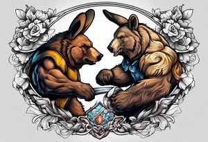 Muscular bear and strong rabbit fighting tattoo idea