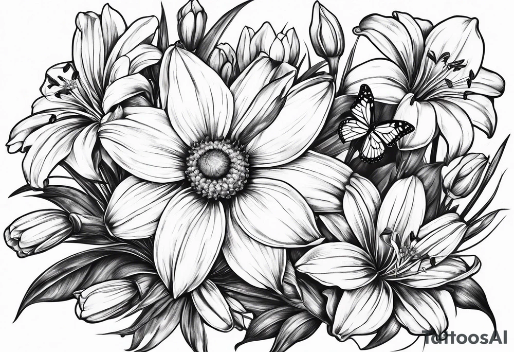Wild flower of lily daisy and daffodil with butterfly tattoo idea