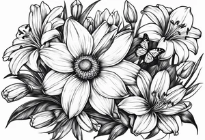 Wild flower of lily daisy and daffodil with butterfly tattoo idea