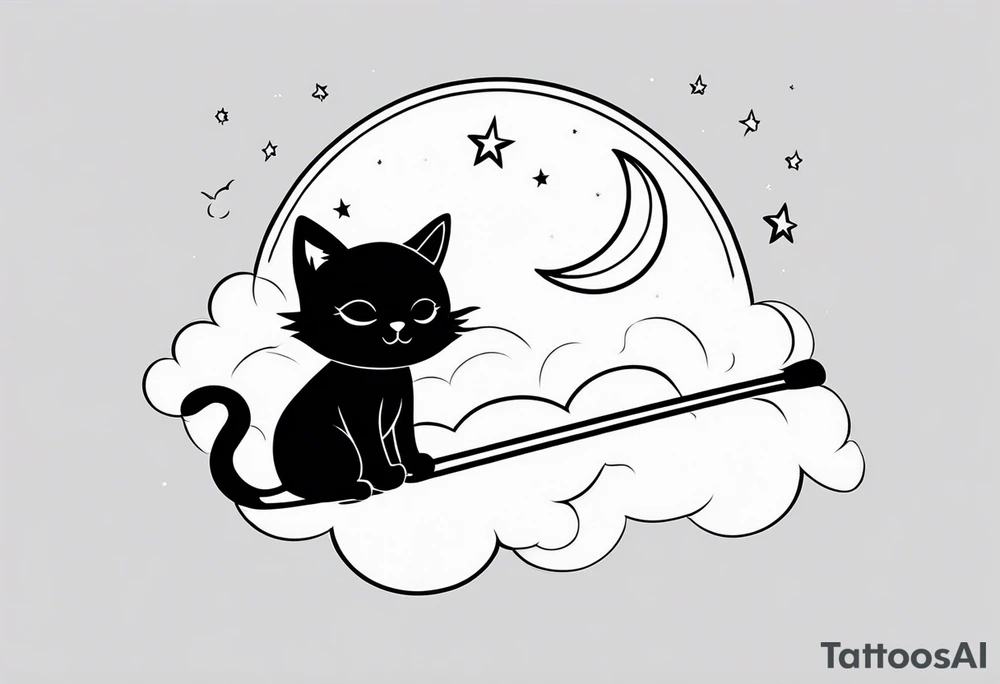 a chibi cat with a witch hat sitting on a broom. On the background there are clouds and a crescent moon. Minimalist black and white line art. tattoo idea