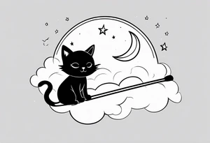 a chibi cat with a witch hat sitting on a broom. On the background there are clouds and a crescent moon. Minimalist black and white line art. tattoo idea