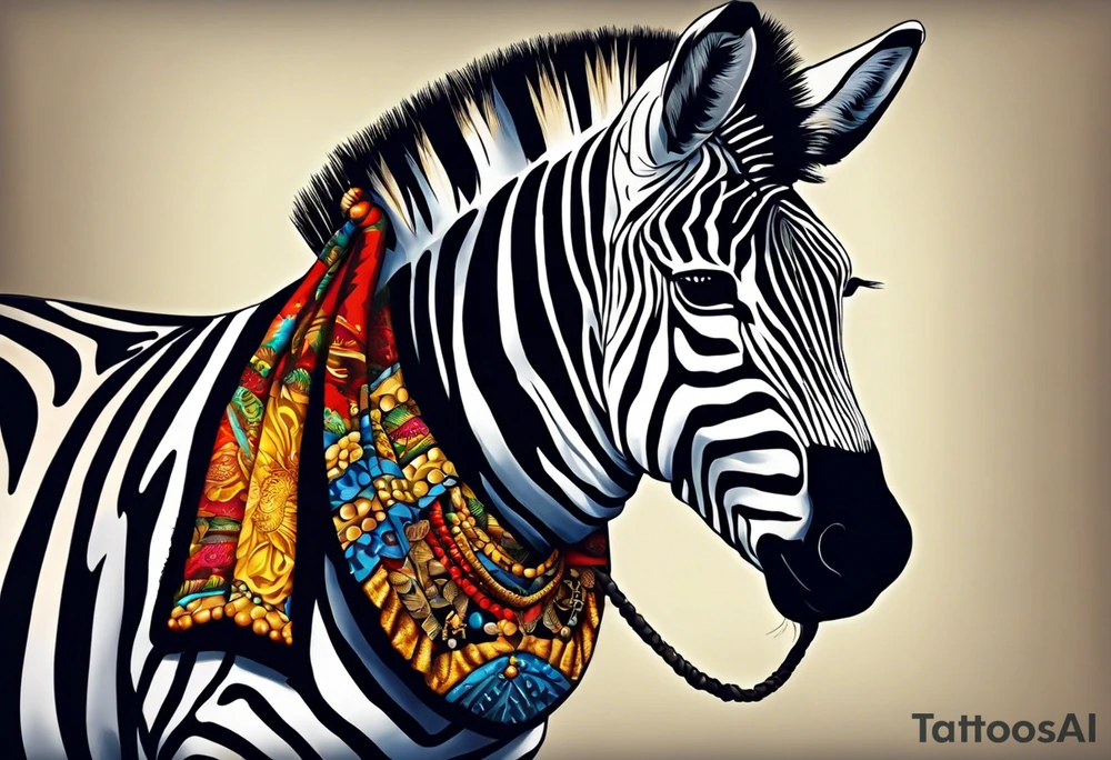 Portrait of a zebra wearing regal clothing, vintage looking, but its main is coloured brightly the same as autism awareness. I want the zebra too almost look human and to be bursting out of a jigsaw piece tattoo idea