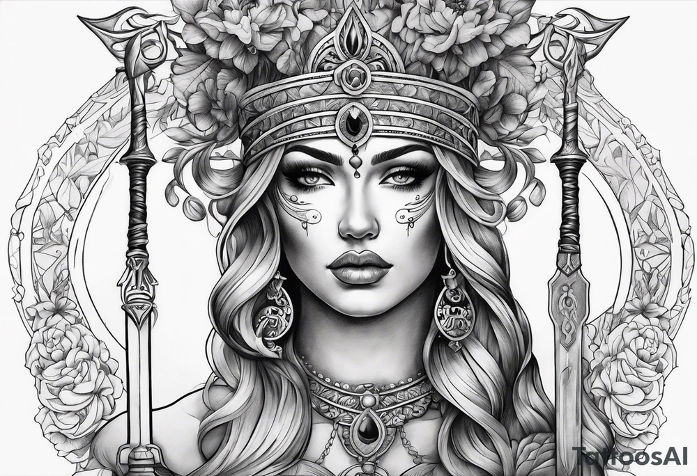 Blind folded goddess with libra and dagger tattoo idea