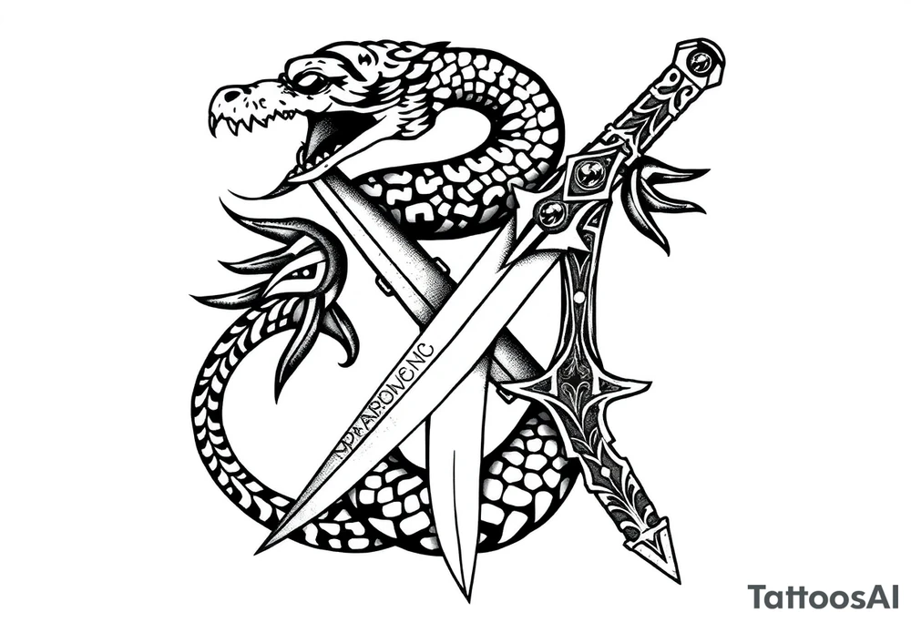 mystical snake coiled around an ancient dagger with jeweled hilt tattoo idea