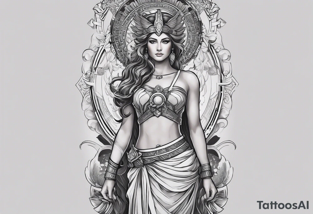 A full tattoo sleeve inspired by Greek mythology, centered around the Greek goddess Athena. Athena is portrayed with a strong, commanding presence, symbolizing wisdom, strength, and warfare. The design emphasizes bold, clean lines with a focus on sharp contrasts, creating a powerful and dynamic visual impact. Surrounding Athena, incorporate a mandala effect with geometric patterns that evoke a sense of order and strategy, reflecting her role as a warrior goddess. The sleeve also features masculine elements such as a fierce owl with piercing eyes, an ornate warrior’s helmet, and olive branches intertwined with Spartan-style armor, all seamlessly integrated into the design. The overall aesthetic is strong, rugged, and heroic, capturing the essence of Athena’s wisdom and martial prowess in a way that resonates with a masculine energy tattoo idea