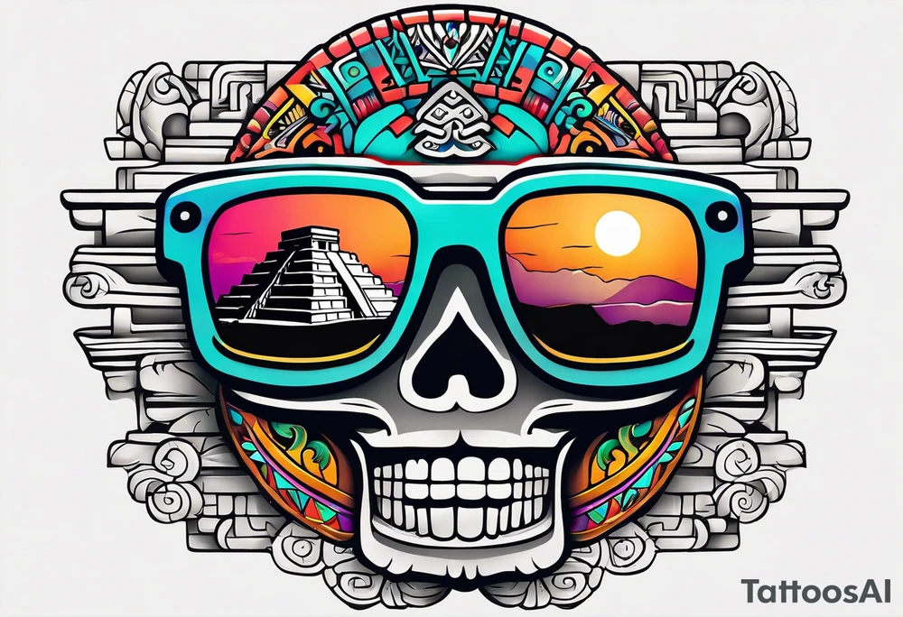 Colorful Mayan hieroglyph with sunglasses reflecting Chichen itza tattoo idea