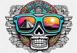 Colorful Mayan hieroglyph with sunglasses reflecting Chichen itza tattoo idea