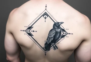 Diamond Geometric design with dotted lines and other designs with big crow extended in the center with dark shading for forearm tattoo idea