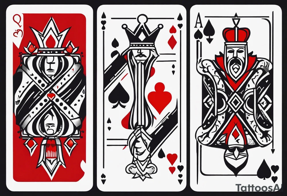 one combined tatto in minimalistic style with icon style three king of spades and icon style one queen of hearts. extreme minimalstic and few lines. much more minimalistic and fewer lines tattoo idea