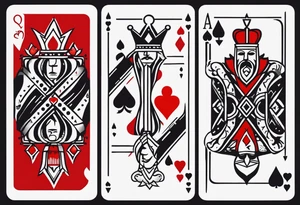 one combined tatto in minimalistic style with icon style three king of spades and icon style one queen of hearts. extreme minimalstic and few lines. much more minimalistic and fewer lines tattoo idea