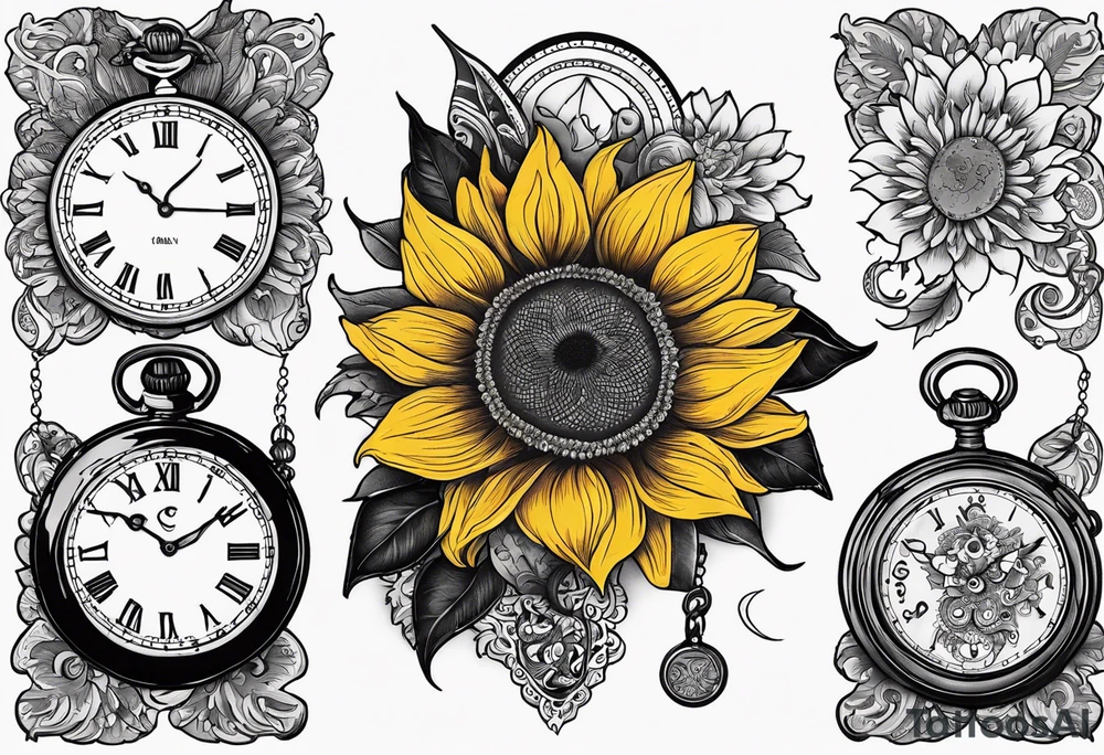 Sunflower, paisley, moon, 3 old fashioned pocket watches, witchy tattoo idea