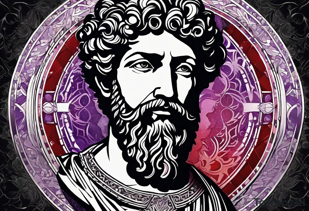 The Face of marcus aurelius with the lower left half missing. He is looking slightly away at 25 degrees. Geometric symbols framing the background. The background has small color splashes of red and purple. tattoo idea