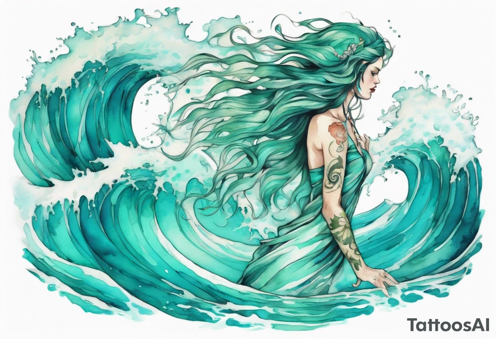 a beautiful turquoise rusalka emerging from an ocean wave, crashing onto the shore tattoo idea