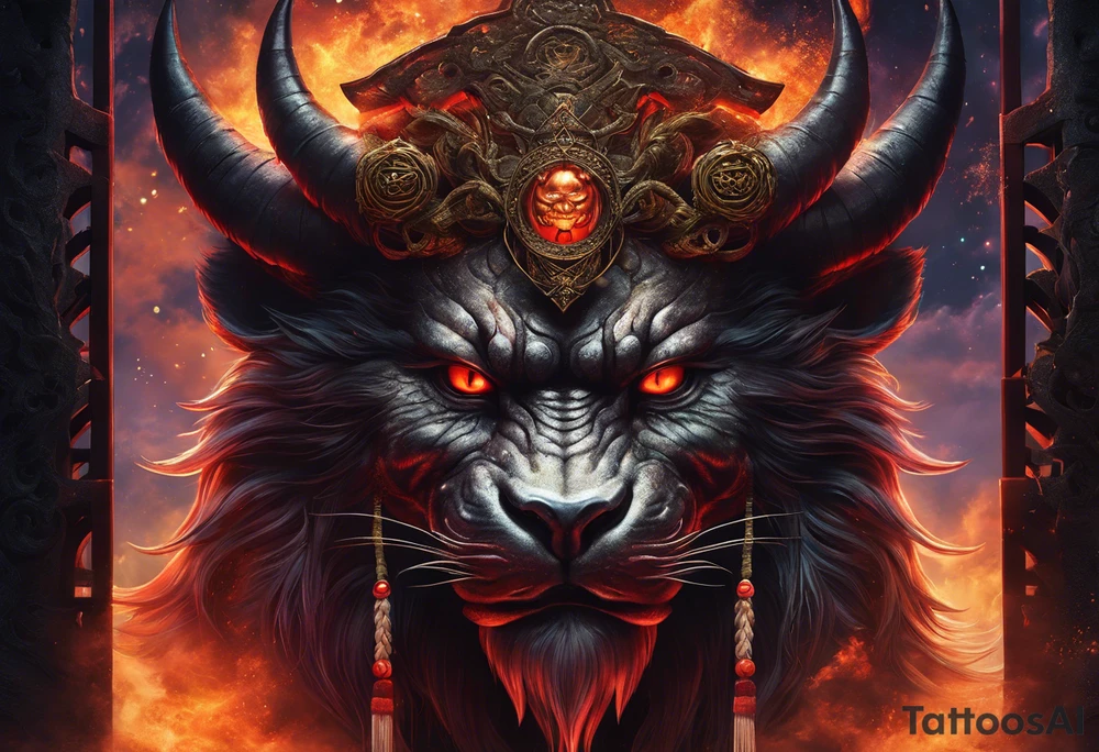 A majestic humanoid demon king with devilish features placed above torii gate is depicted in this realism image. The king's deep-set glowing galaxy-styled large eyes give off an aura of power and mystery. The king's head is acting as dreamcatcher and has braids styled like predator, with 2-3 ending with flame-styled feathers. The king's face is intricately dotted in narsimha/ rudra symbols. The head has a crown shaped blue and orangish flames with intricate and prominent koru maori symbols in the shape of trishul/ trident. The image is filled with vibrant colors, with deep blue, purple, and violet, with bright orange and yellow. This face bust (only face) is atop of a torii gate which is in a brush stroke style, somewhat visible. The king looks regal and powerful. tattoo idea