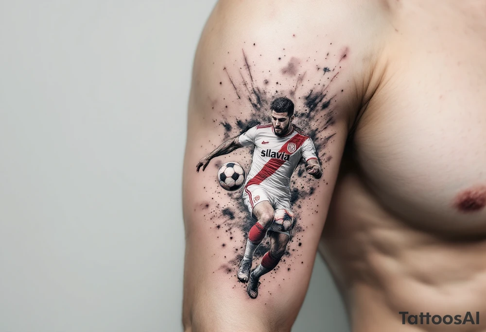 A tattoo of a soccer player mid-kick, wearing Slavia Praha’s white and red jersey, striking a ball with the club crest on it. tattoo idea