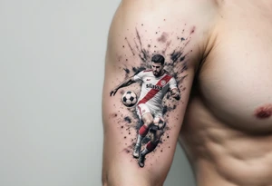 A tattoo of a soccer player mid-kick, wearing Slavia Praha’s white and red jersey, striking a ball with the club crest on it. tattoo idea