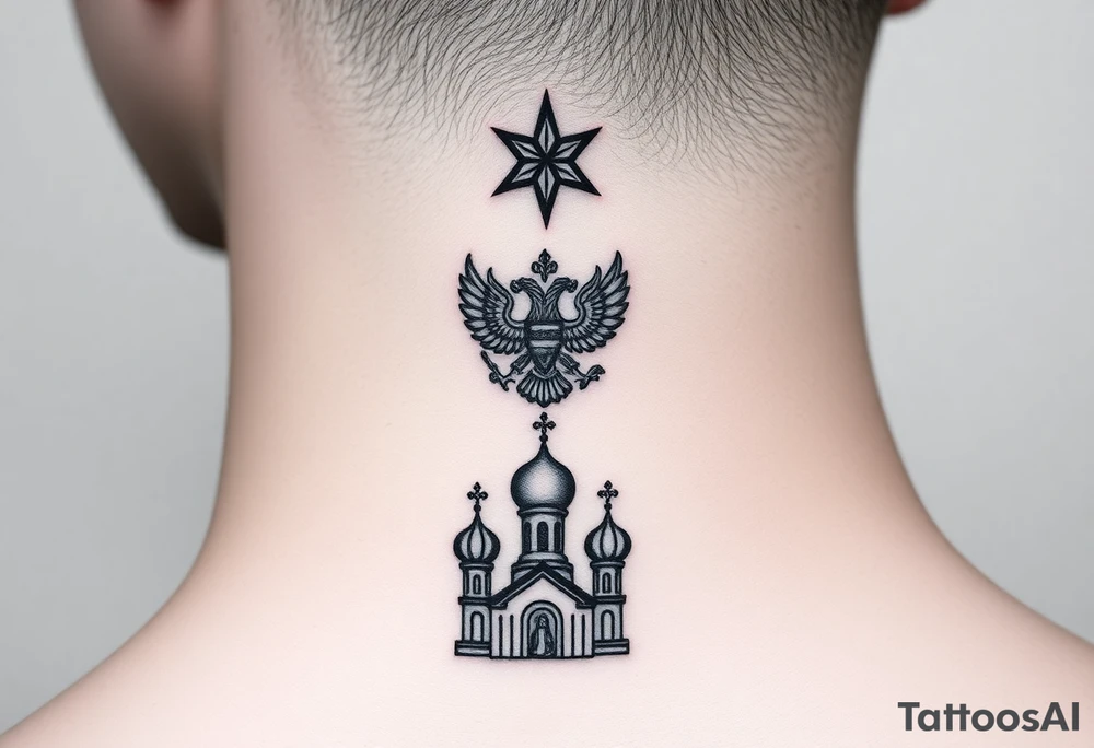 Stacked Vertical Column 

Russian star — small, bold
Middle: Miniature double-headed eagle — simplified, cleaner lines to suit the smaller space
Bottom: Orthodox church dome(s) with a small Virgin Mary silhouette beneath tattoo idea