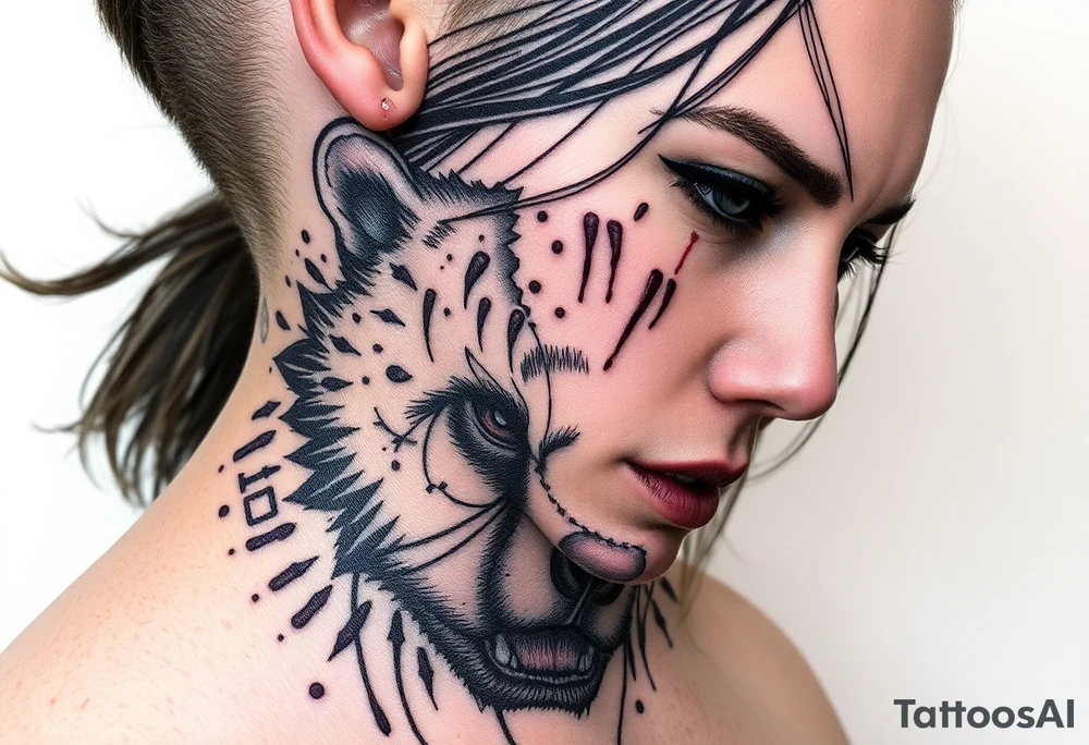 Beautiful Woman with battle scars and blood on face wearing bear cadaver tattoo idea