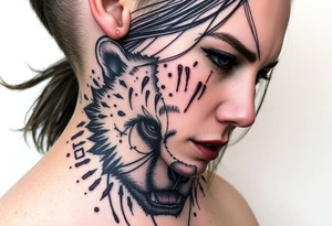 Beautiful Woman with battle scars and blood on face wearing bear cadaver tattoo idea