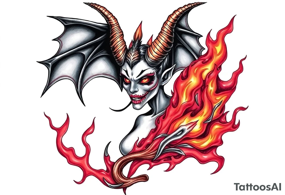 Female demon in the flame tattoo idea